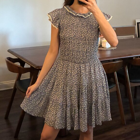 Blu Pepper Navy and Off White Printed Dress with Smocking - Picture 2 of 5